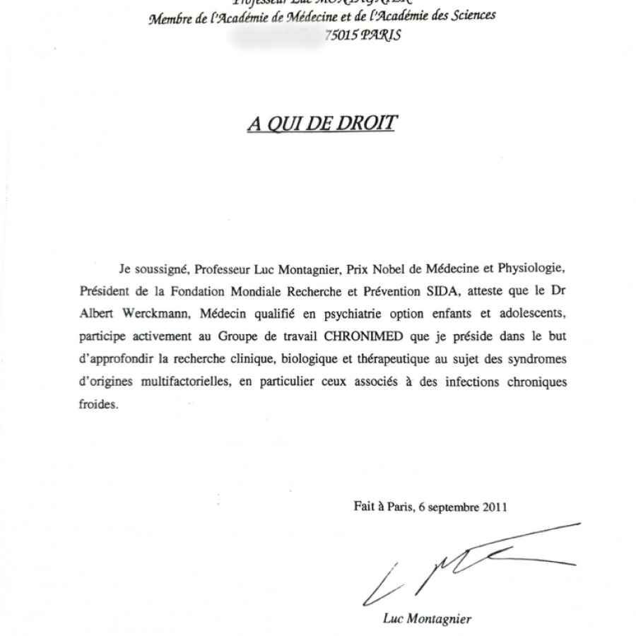 Attestation signée du professeur Luc Montagnier, 6 septembre 2011, pour un médecin « participant activement au groupe de travail Chronimed »